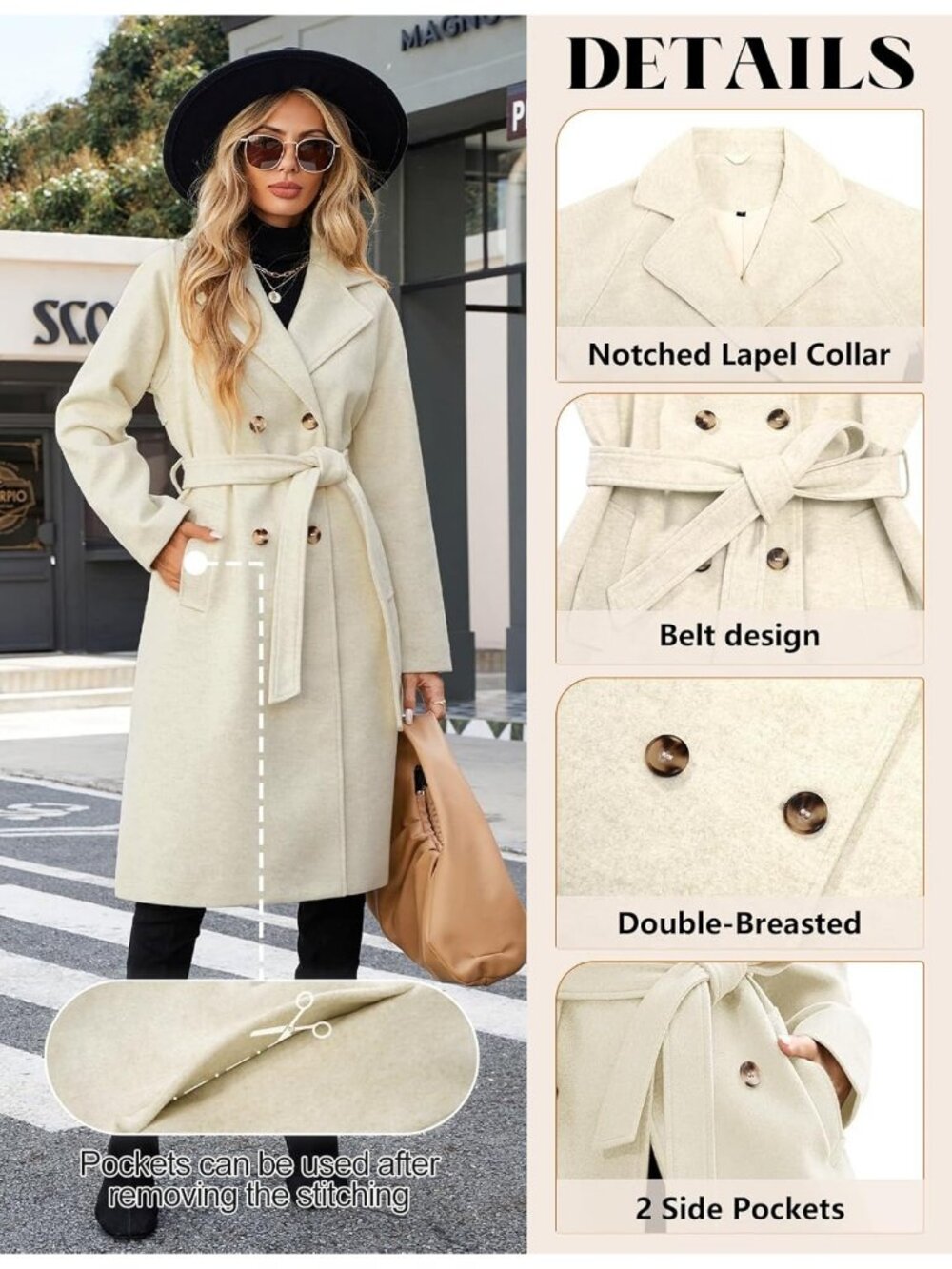 Women's Beige Polyester Mid length Autumn Elegant Double Breasted Long Pea Coat - Picture 4 of 6